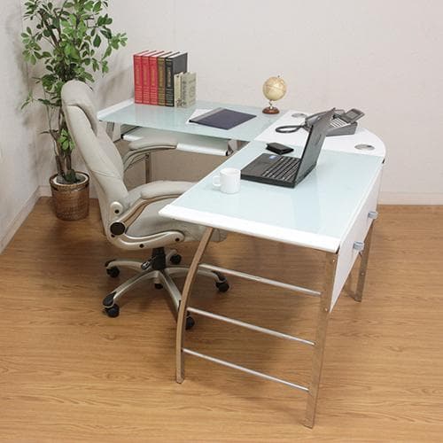 L型ガラス天板PCワークデスク ホワイト W156