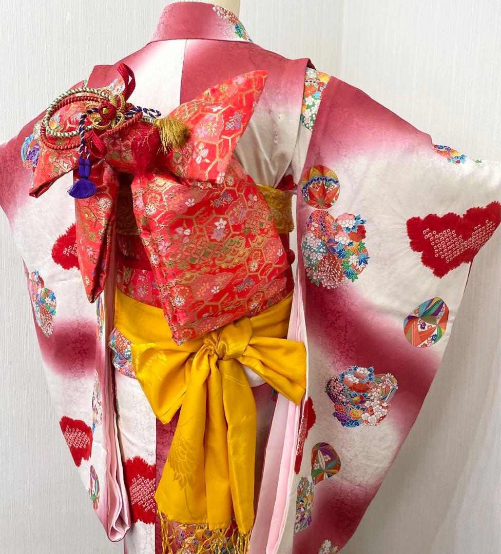 七五三 女の子 七歳用　正絹　部分絞り　古典柄　振袖　セット