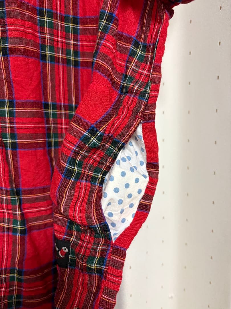快晴堂 リネンタータンチェックバンドスリーブ半袖シャツ サイズ2 カラー レッド
