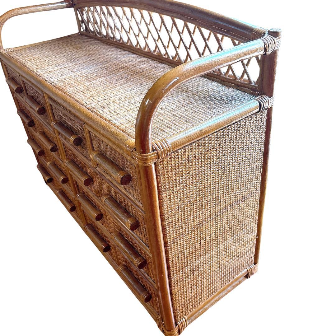 昭和レトロ　ラタン 籐 10杯 ワイド 引き出し チェスト