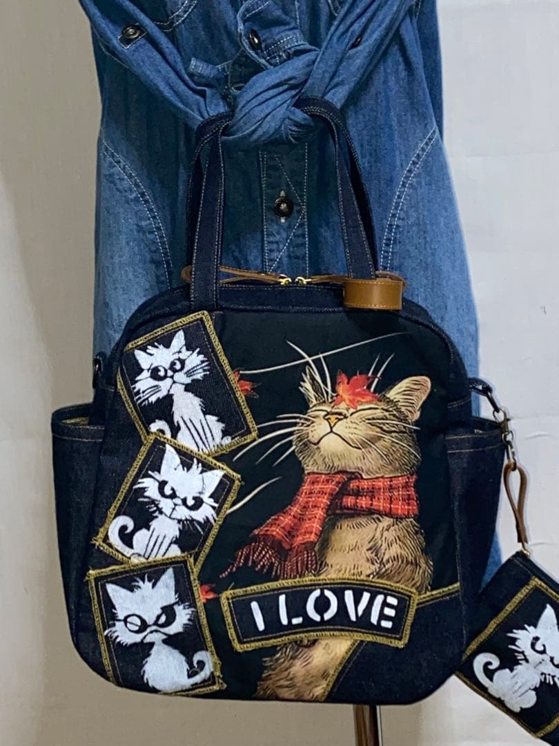 ☆岡山デニム☆ステンシル☆トラネコ☆☆4wayボストンバッグ