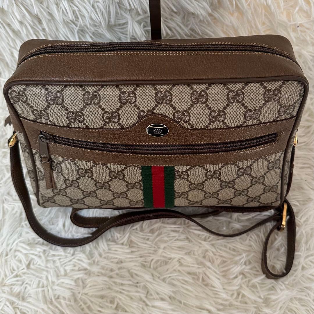 値下げ 紙タグ グッチ シェリーライン GGキャンバス レザー ショルダーバッグ