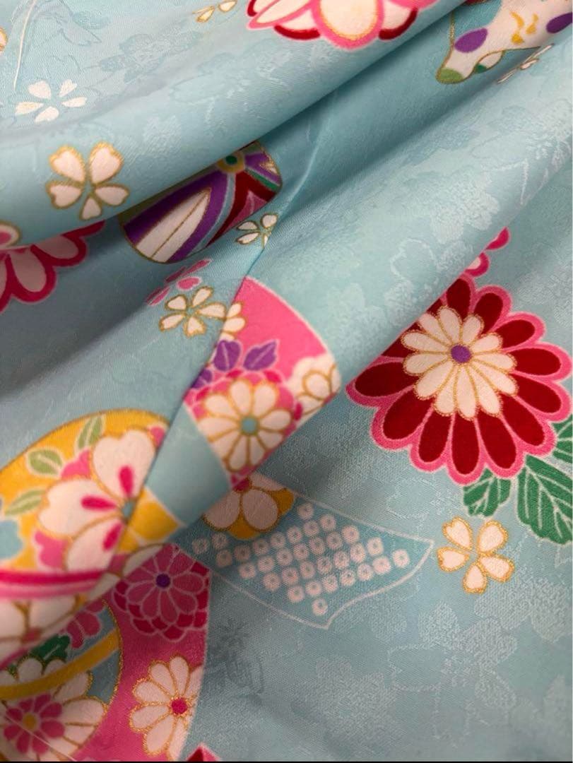 七五三　女の子　はなひめ　水色着物　カラフル　桜　熨斗目　狛犬　新品