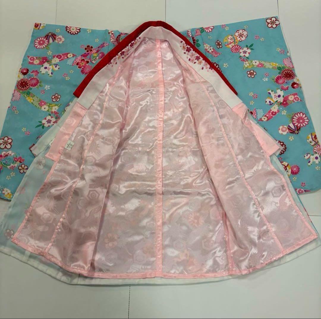 七五三　女の子　はなひめ　水色着物　カラフル　桜　熨斗目　狛犬　新品