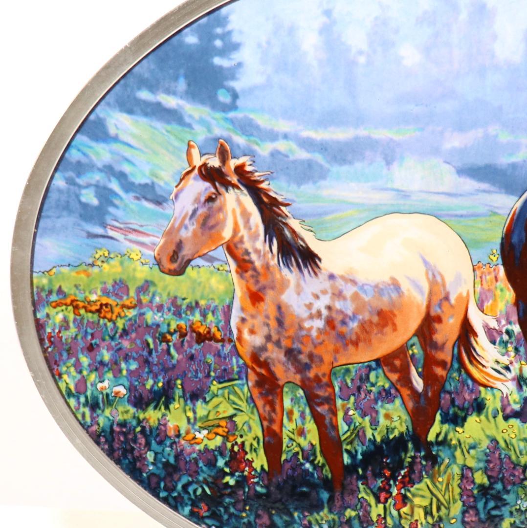 クレア・ゴールドリック ヴィンテージ ステンドグラス 草原の三匹の馬 風景 季節