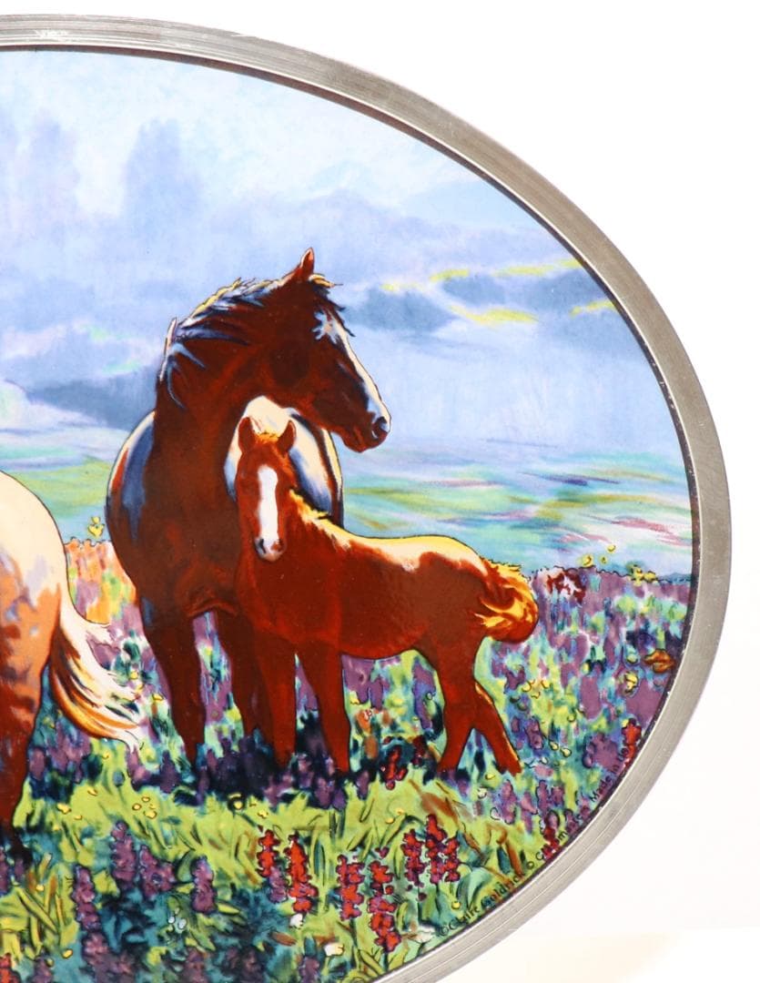 クレア・ゴールドリック ヴィンテージ ステンドグラス 草原の三匹の馬 風景 季節