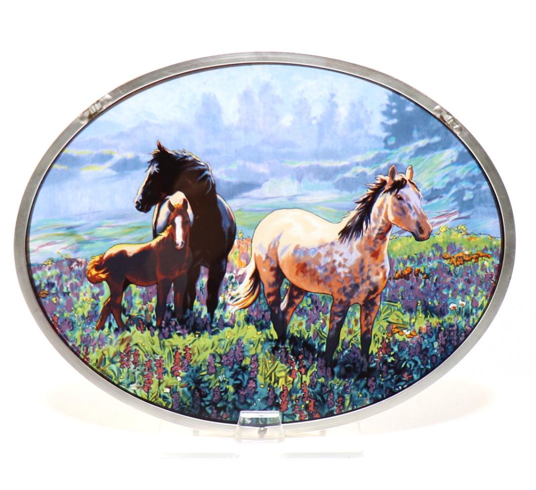 クレア・ゴールドリック ヴィンテージ ステンドグラス 草原の三匹の馬 風景 季節