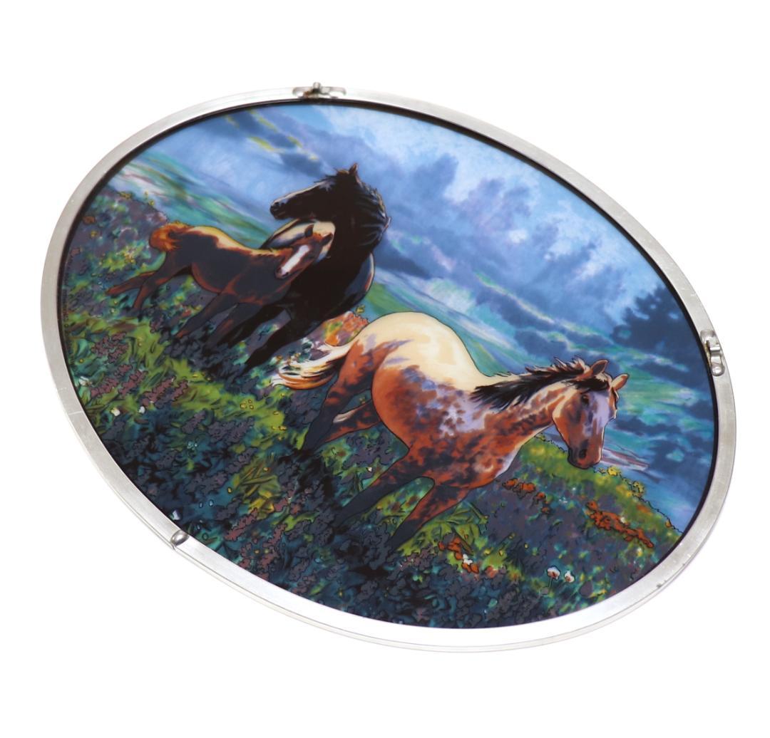 クレア・ゴールドリック ヴィンテージ ステンドグラス 草原の三匹の馬 風景 季節