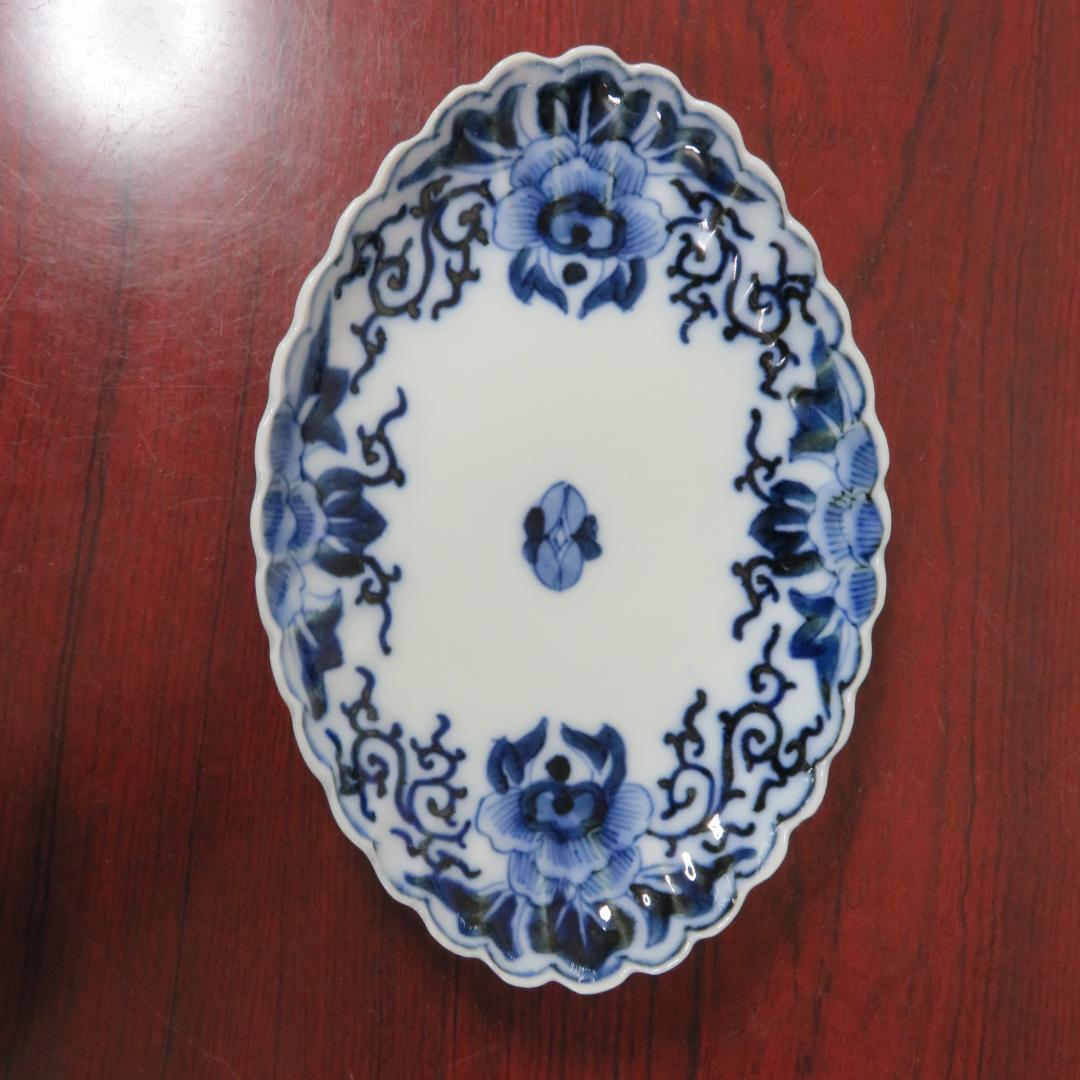 長丸皿 5枚 染付 花弁 唐草 明治 大正 ケンケン