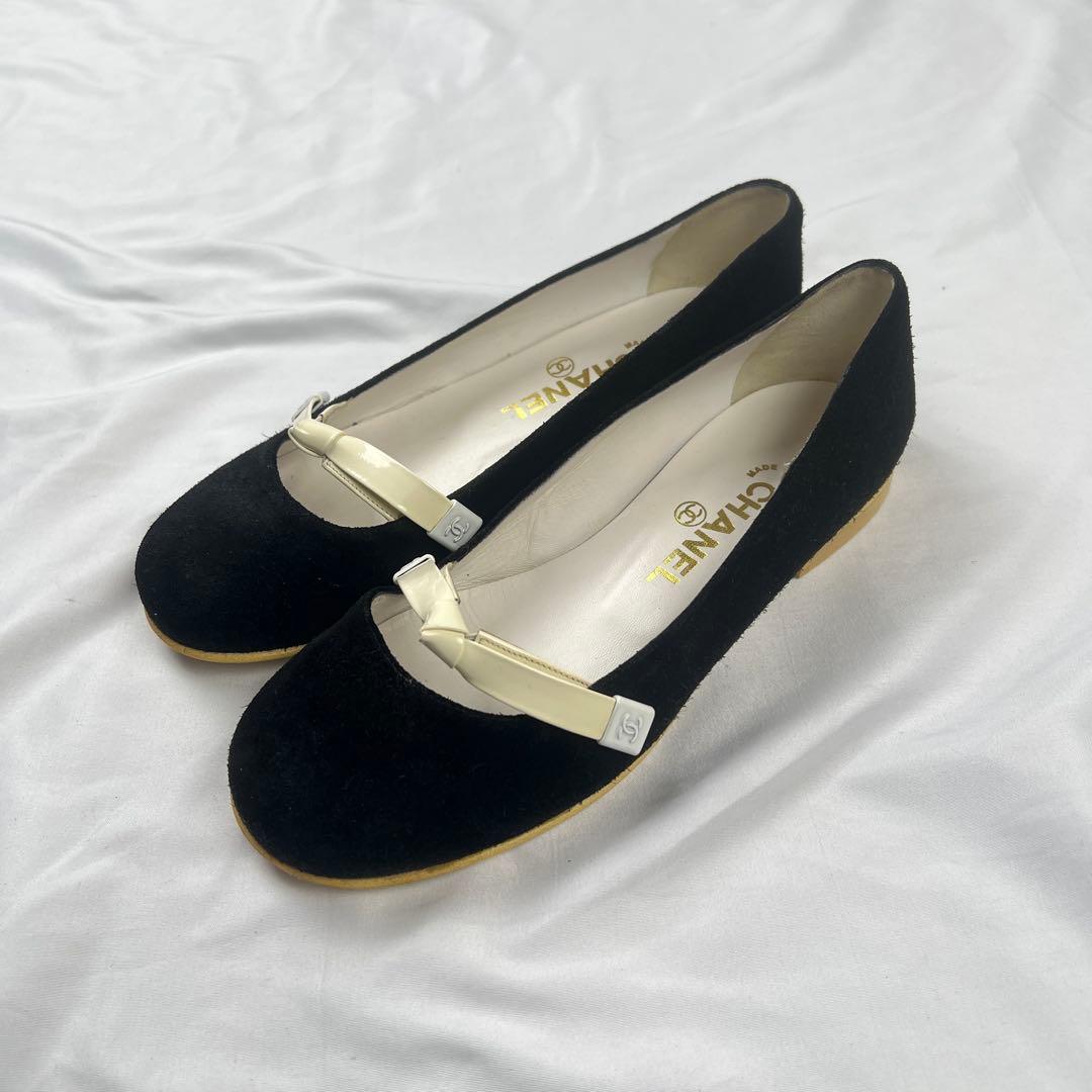靴 CHANEL mary jane flat shoes black white