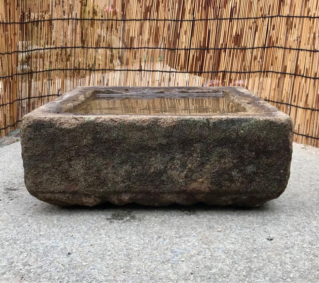 【天然石・四角型水鉢・手水鉢・蹲】庭石オブジェ置物ガーデニング造園坪庭バードバス