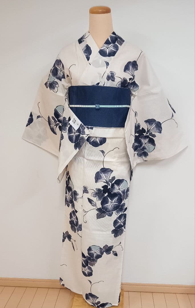 綿麻ゆかた　白地　くすみ朝顔　裄70cm