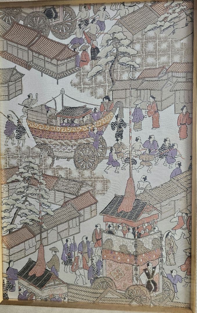 西陣織　祇園祭伝統的な日本の風景画　フレーム付き　西陣織で祇園祭を再現した織り物