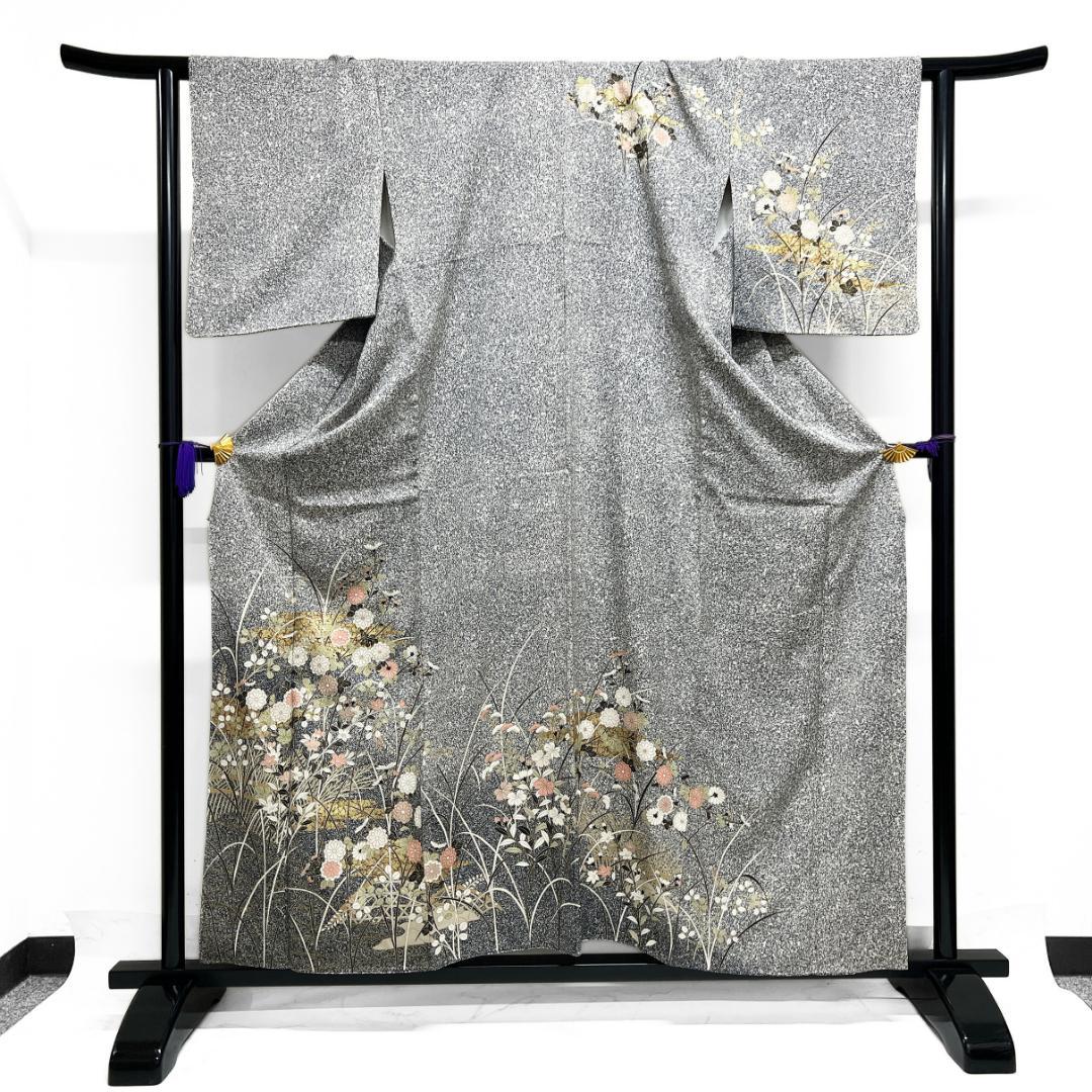 訪問着　たたき染め　金彩　菊花　ヱ霞　萩　桔梗　紋無し　着物　012b d ms