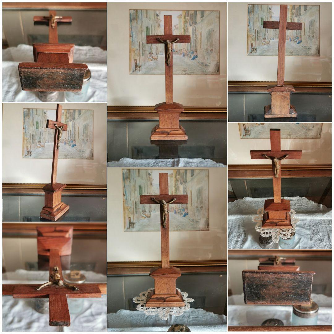 アンティークフランス/ベルギー ブロンズのキリストと十字架 杢目木製祭壇スタンド