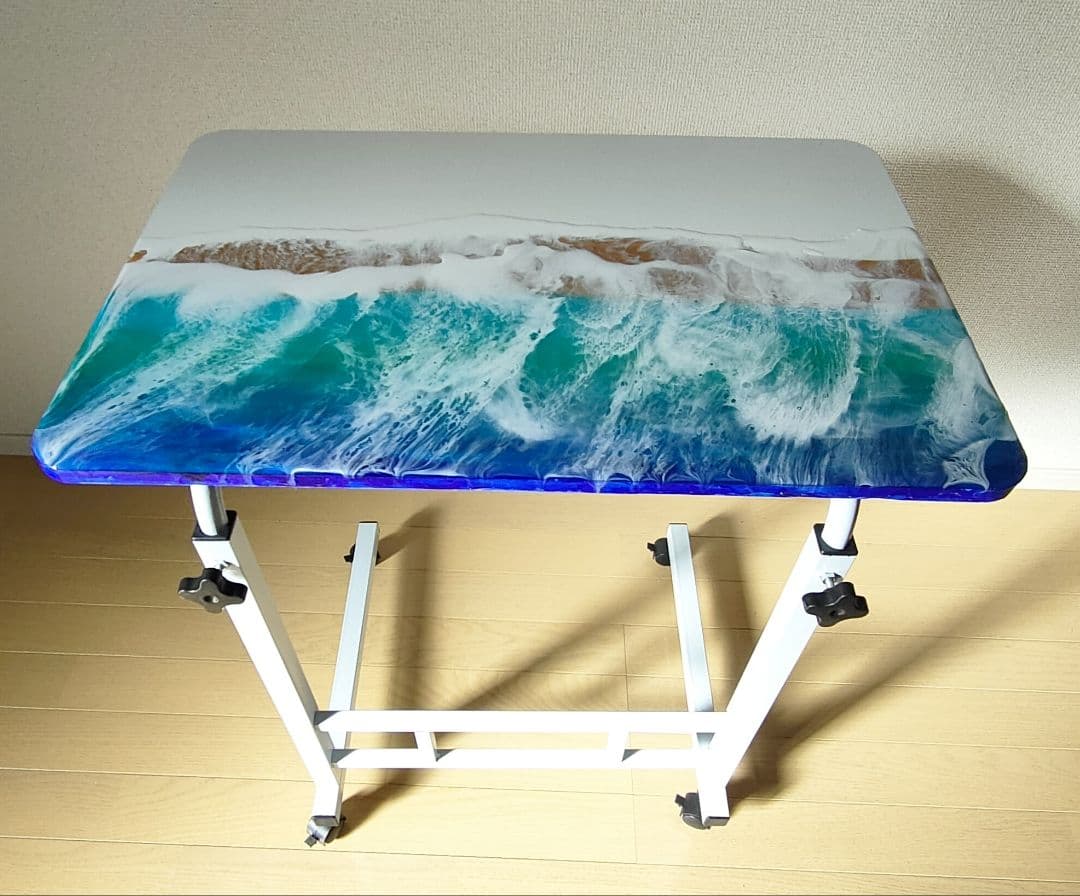 【訳あり】波デザイン昇降式テーブル　レジンテーブル　海アートテーブル