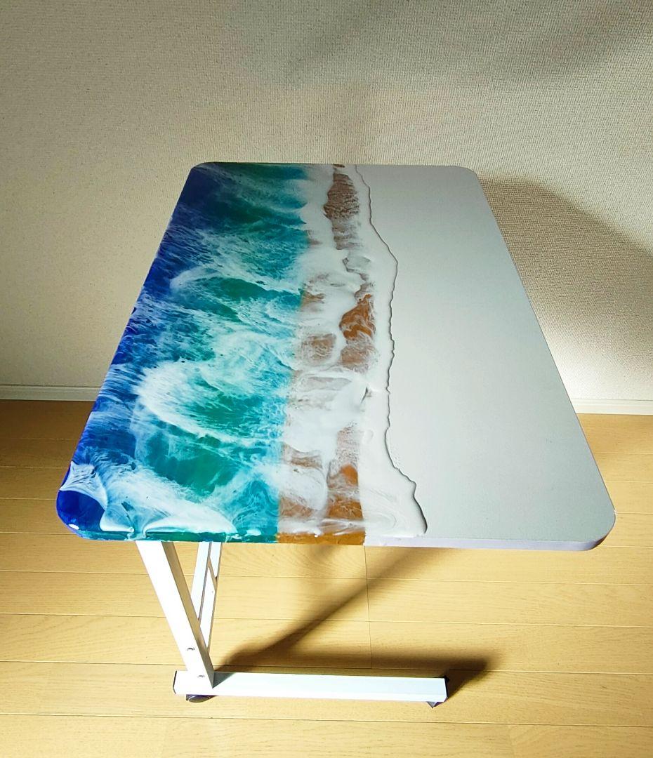 【訳あり】波デザイン昇降式テーブル　レジンテーブル　海アートテーブル