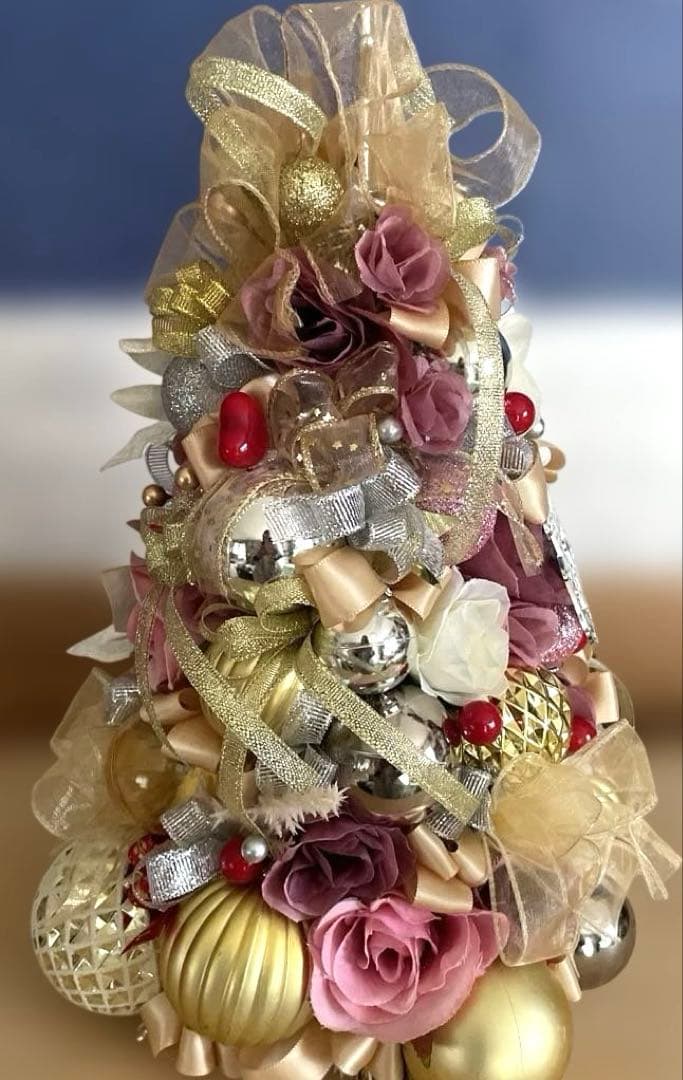 手作りクリスマスツリー ピンクゴールド 約30cm❣️ばら園❣️3点セット❣️