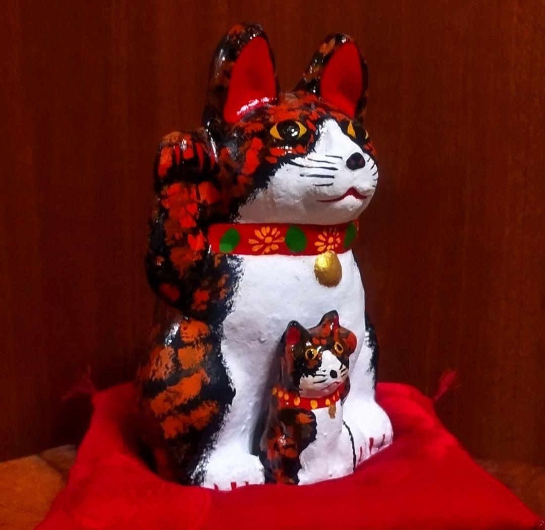 三河招き猫 親子猫 サビ猫＆クロ猫２点セット 土人形 美品