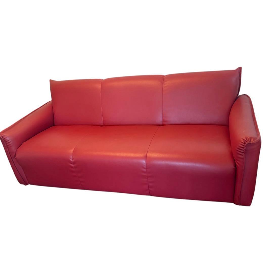 【美品】赤色 レザー調 3人掛けソファ 引き取り限定 大阪府岸和田市