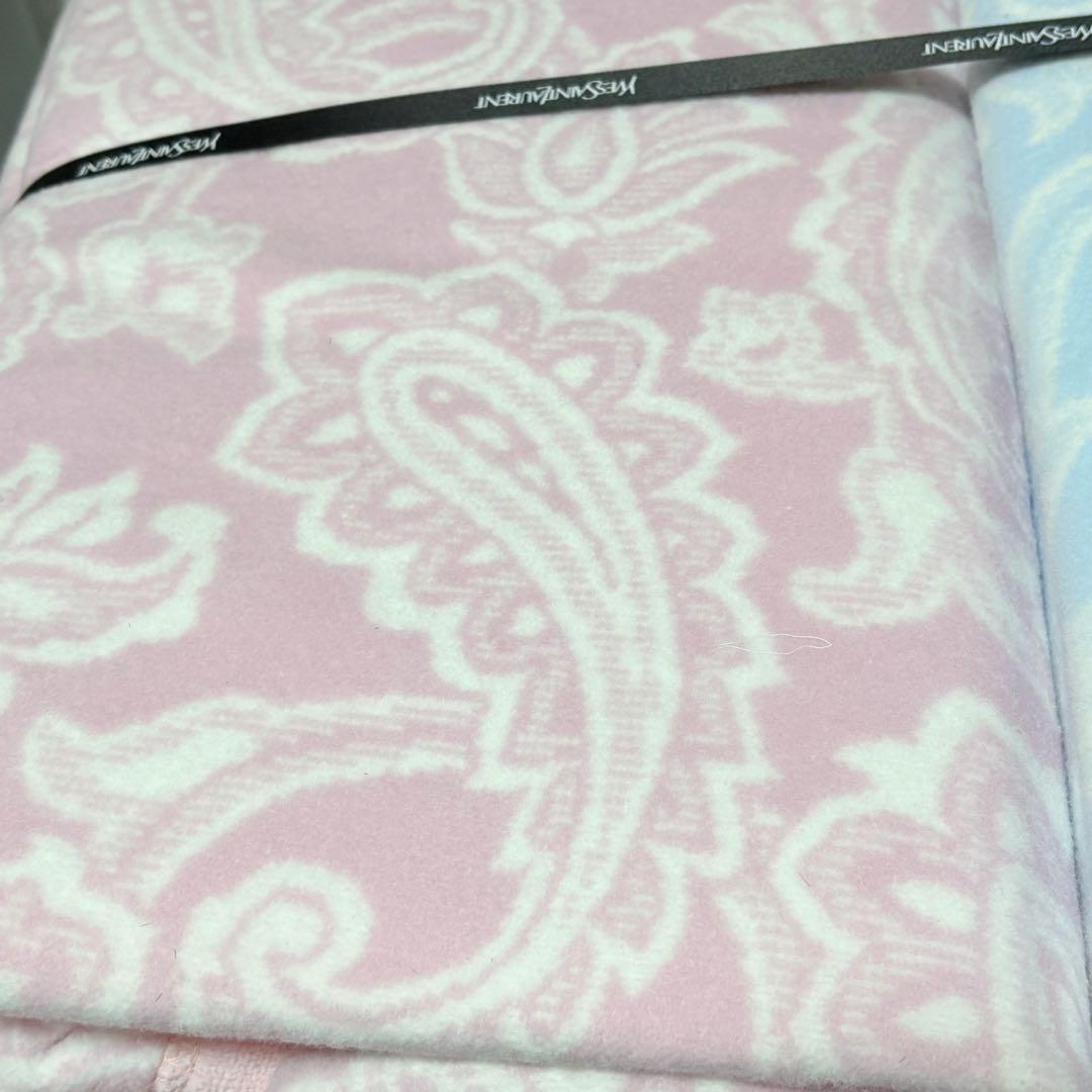 イヴ・サンローラン　綿毛布2P YSLロゴ　ペイズリー柄　ブルー　ピンク　ペア