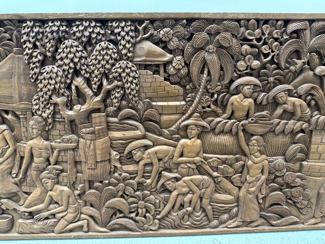 アジアン雑貨 木製 壁掛け(バリ島産、一刀彫り、扁額)