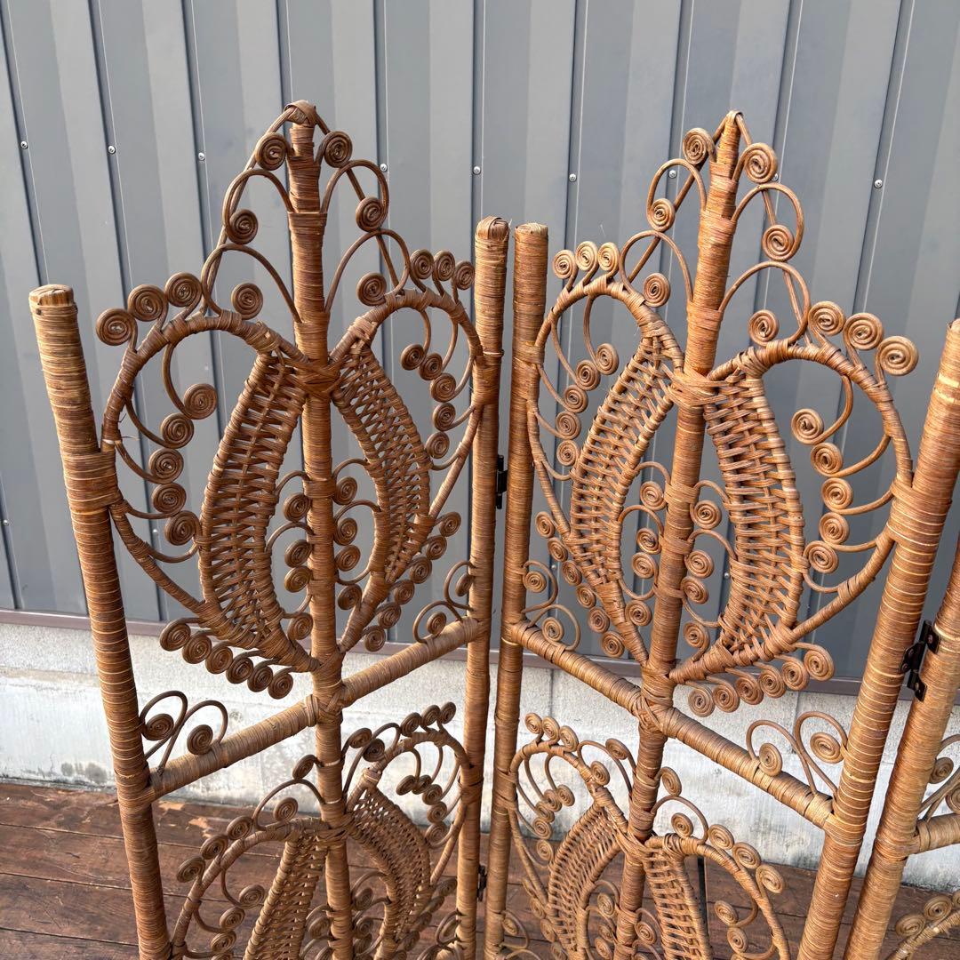 B2 昭和レトロ エスニック 3連 装飾ラタンパーテーション パーティション