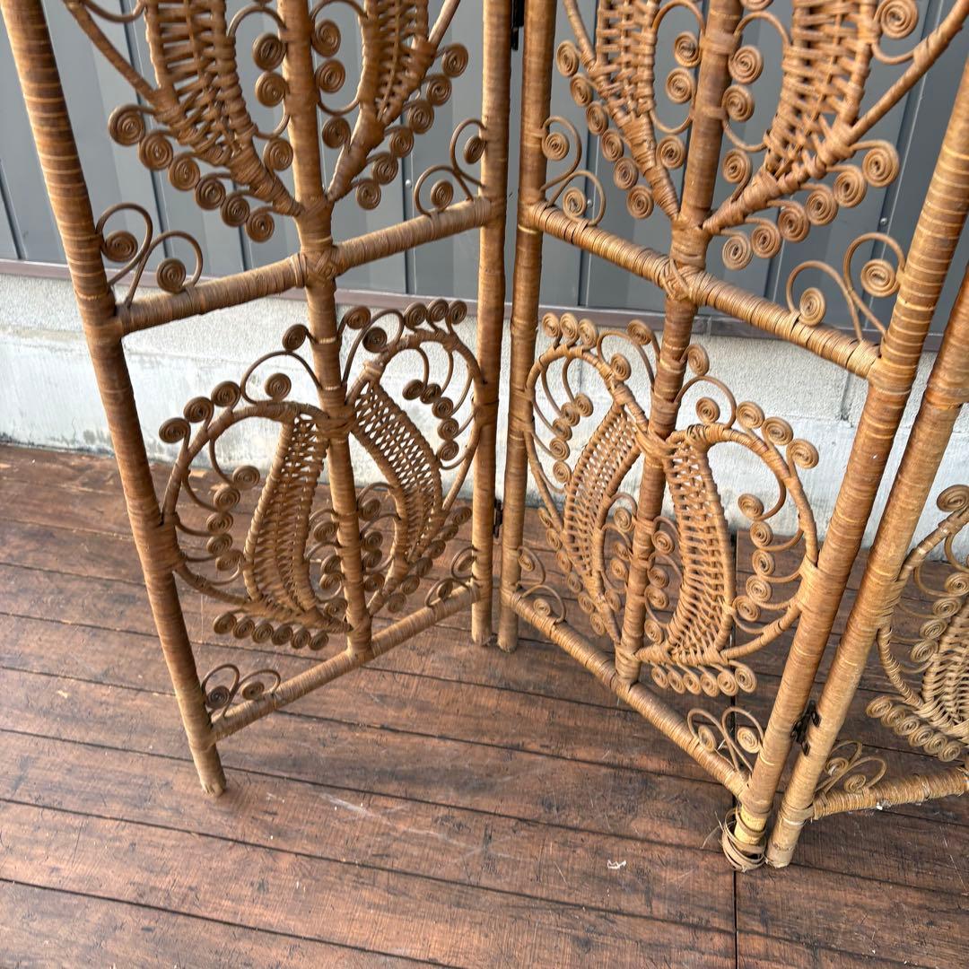 B2 昭和レトロ エスニック 3連 装飾ラタンパーテーション パーティション