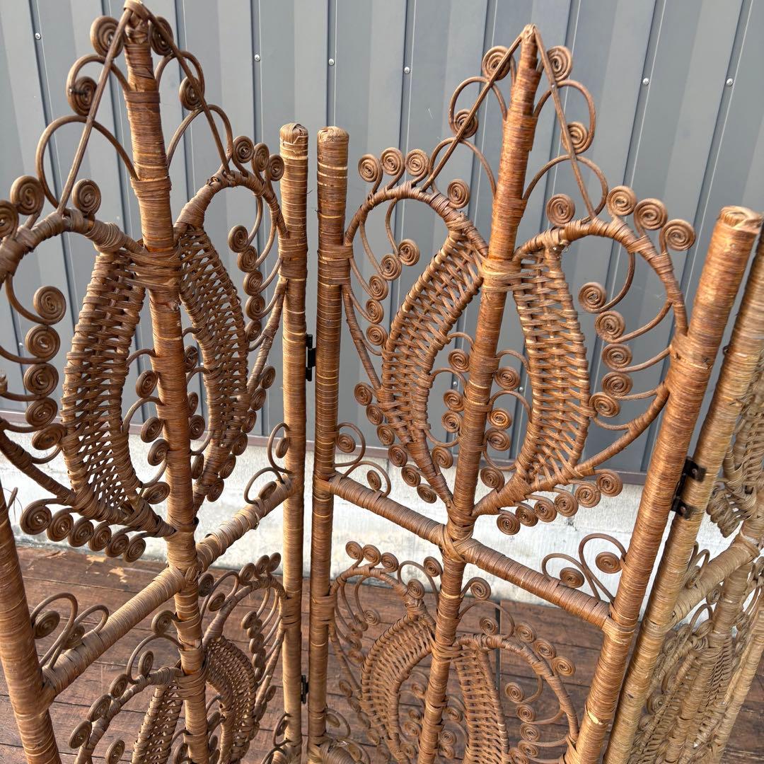 B2 昭和レトロ エスニック 3連 装飾ラタンパーテーション パーティション