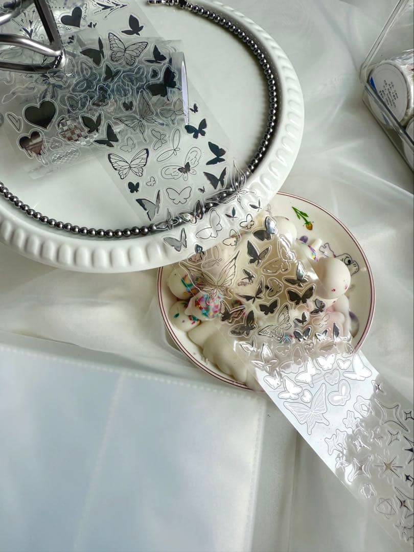 【9479】海外5.2m巻　銀泊カッティングマスキングテープリボン　蝶々　装飾系