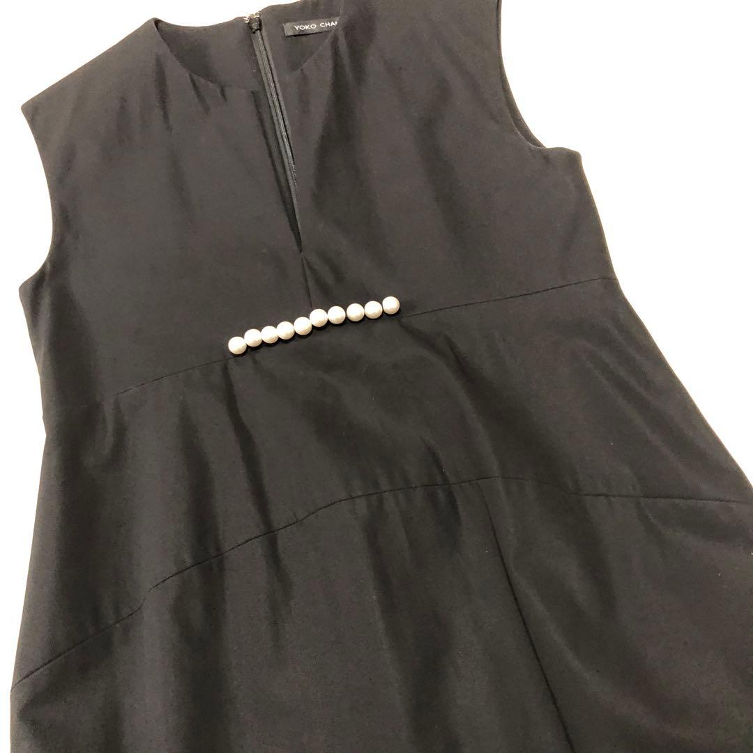 ヨーコチャン ウエストパール付　ノースリーブワンピース 膝丈　ブラック