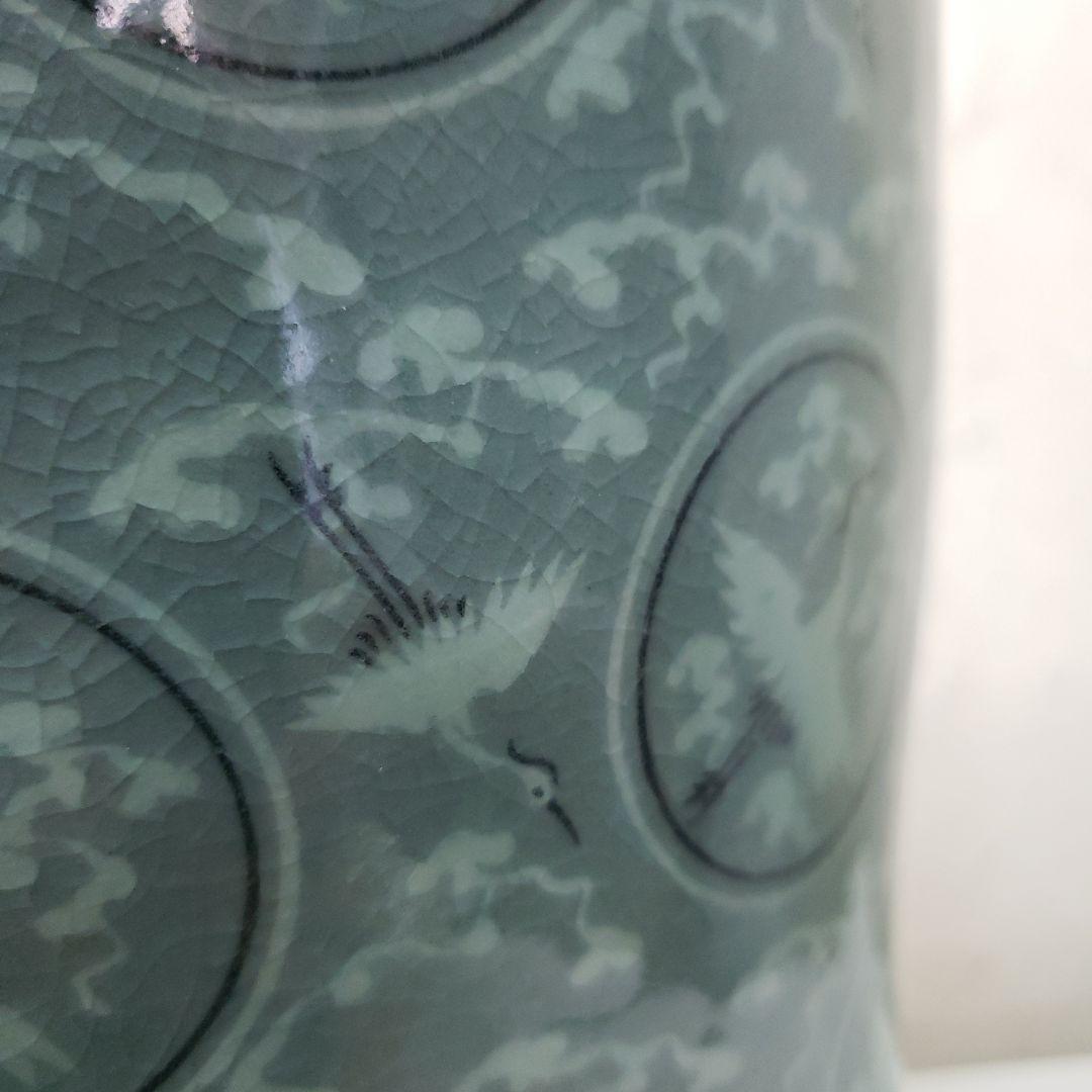 Ｂフライデー蔵出し特価　青磁 鶴模様 陶器 花瓶　作家物海剛作桐箱あり48cm