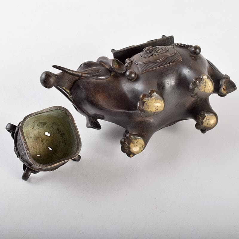 中国　古銅鍍金　象香炉　G　R5119