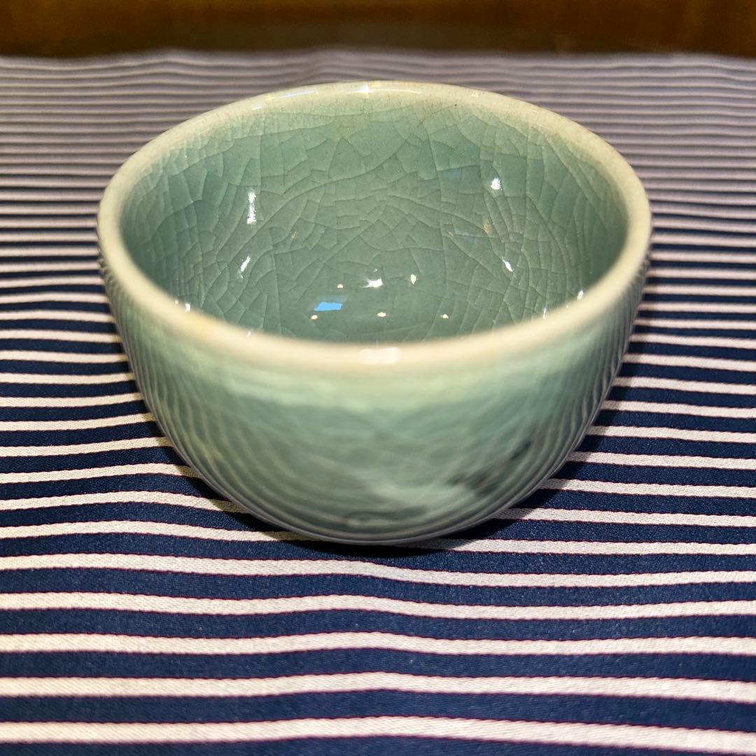 高麗青磁 韓国人間国宝 柳海剛 曇鶴文 煎茶茶碗（ 湯呑）5客 共箱・栞付き