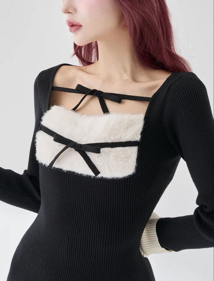 Darich リボンファーフレアニットミニワンピース Freesize