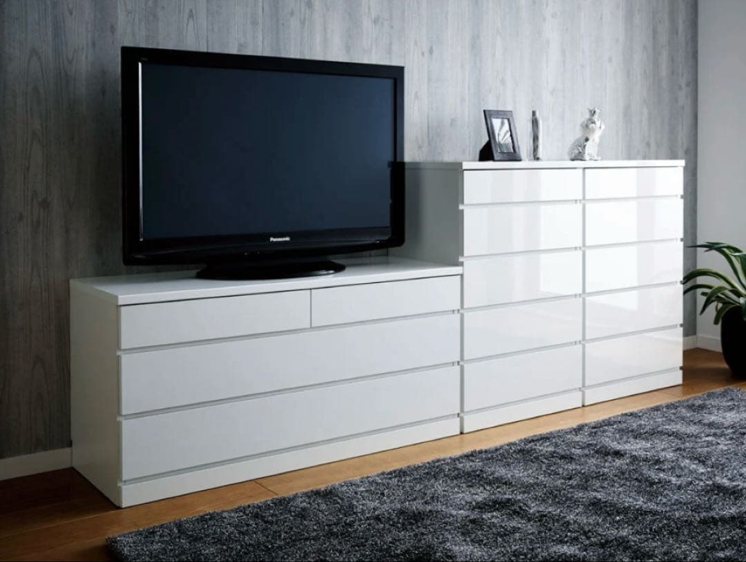 【日本製】ディノス 前面光沢＆引き出し内部化粧チェスト ホワイト　4段