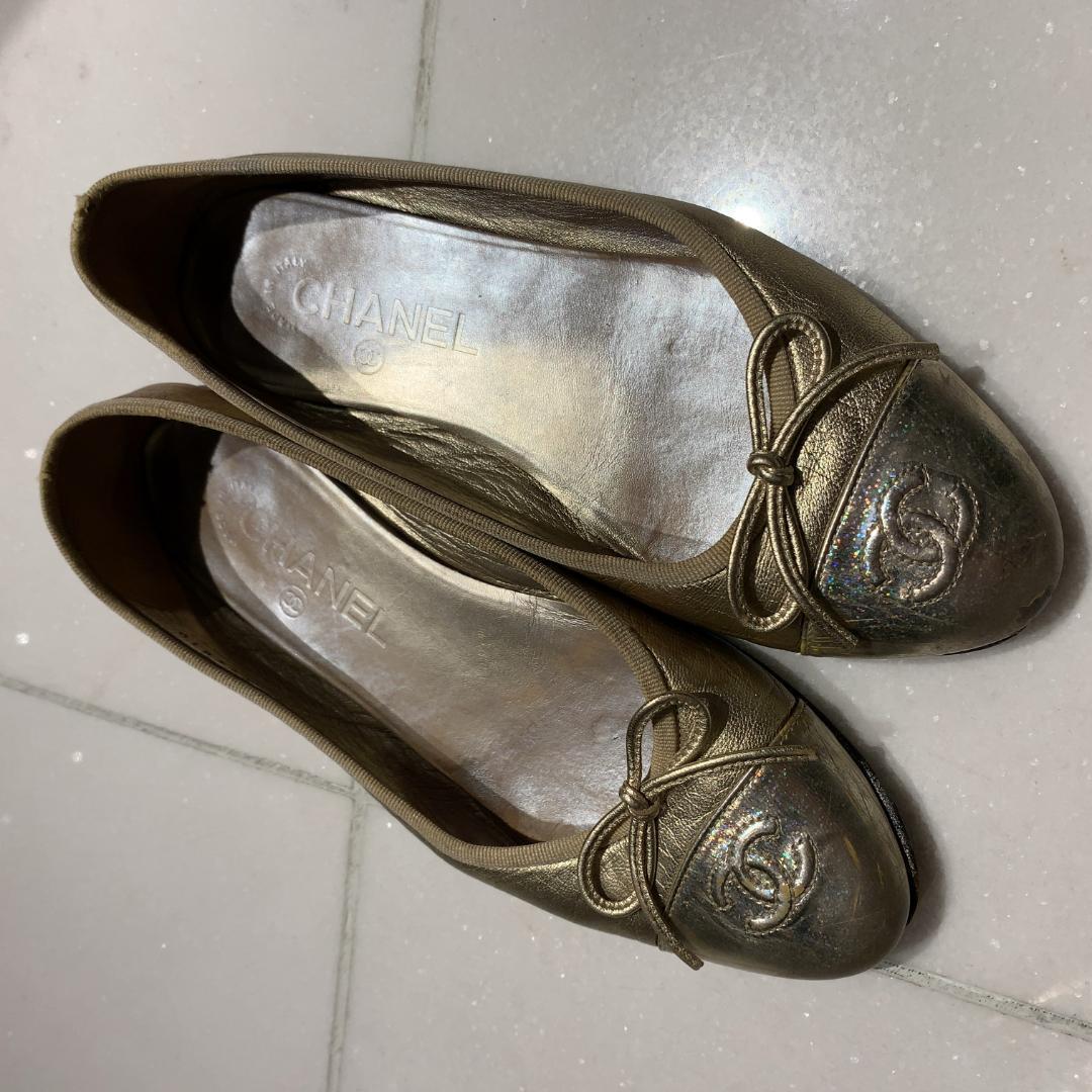 CHANEL シャネル バレエシューズ ゴールド CCロゴ フラット 24cm