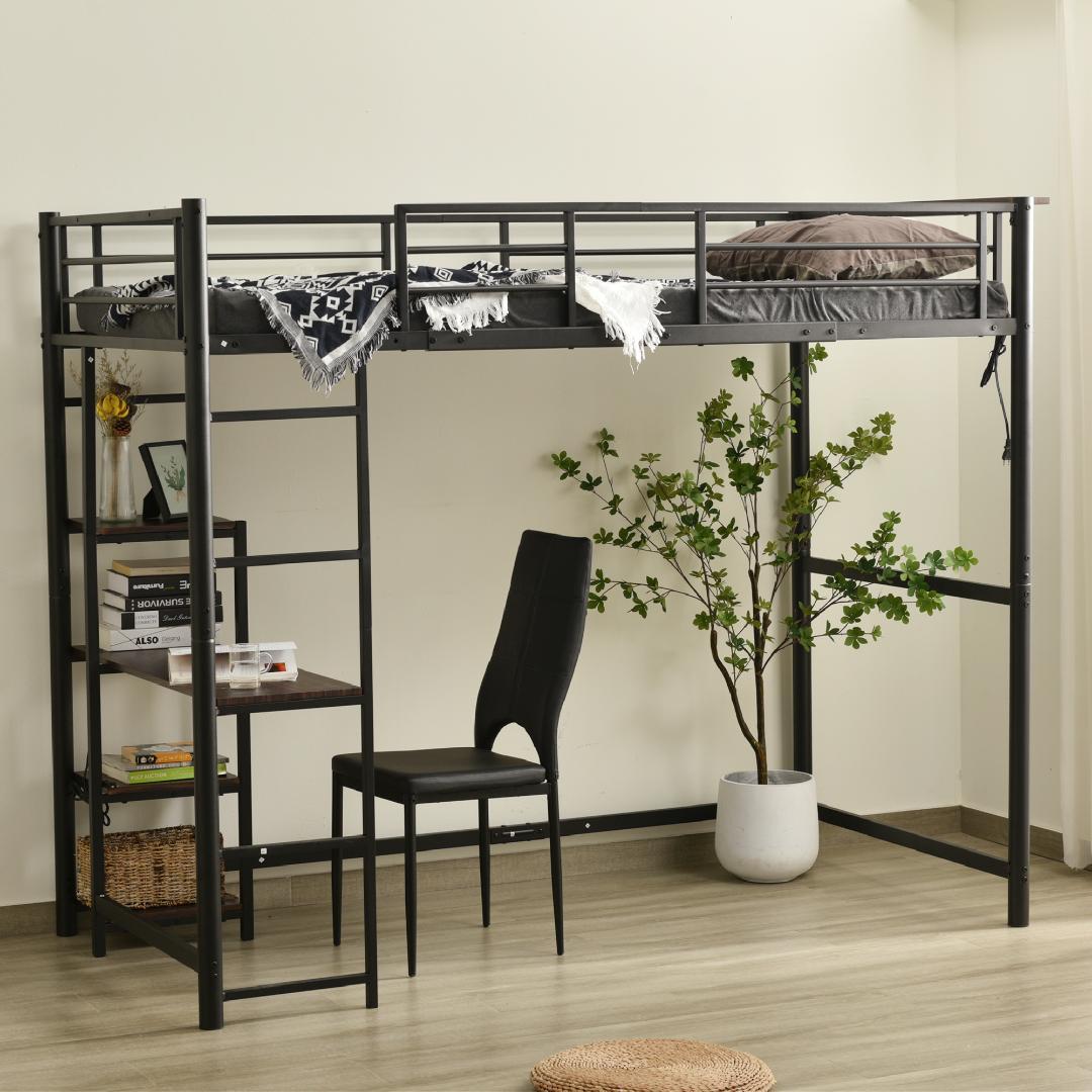 赤字価格ロフトベッド デスク付き コンセント付き 耐荷重150kg　BLACK