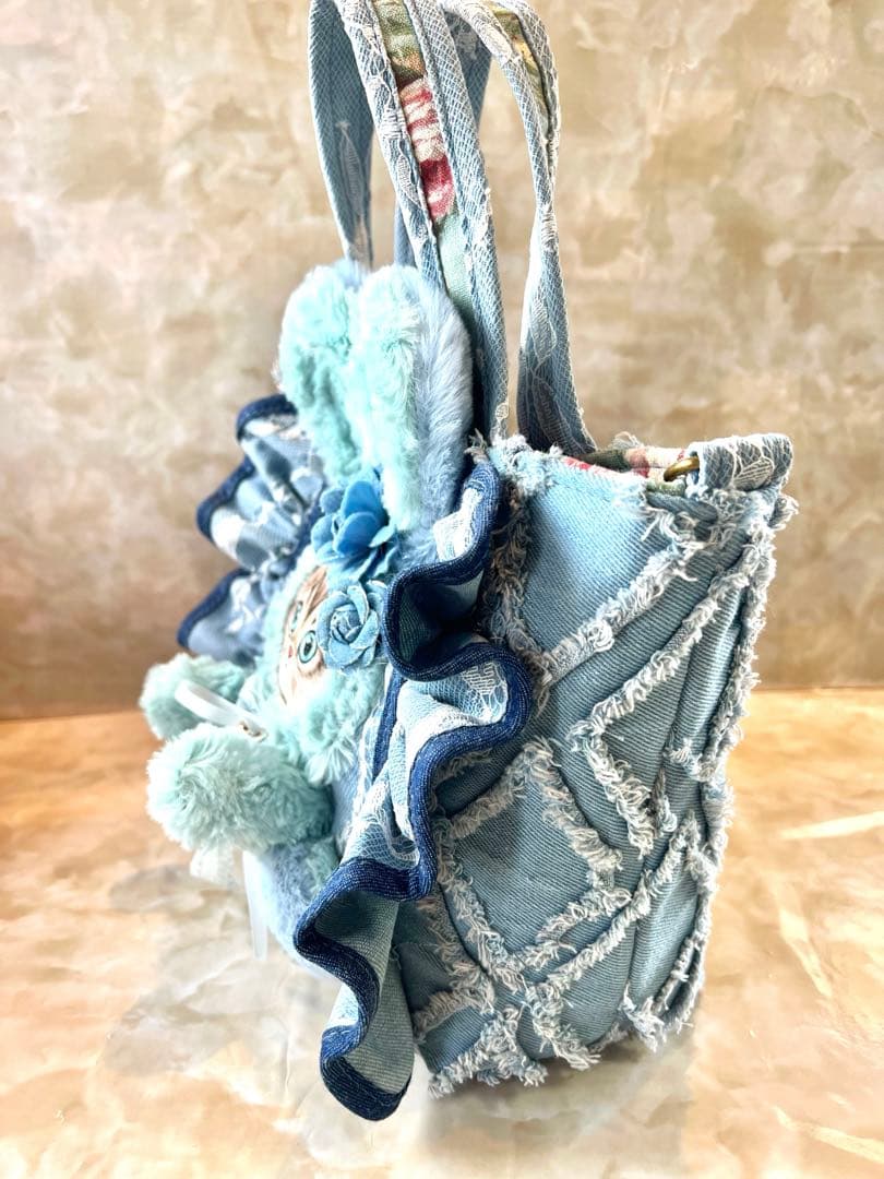 コヤンイサムチョン　レースデニム×ふわふわフリンジデニム　フリルバッグ