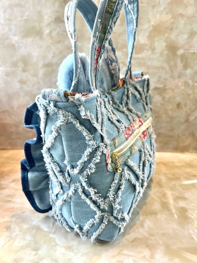 コヤンイサムチョン　レースデニム×ふわふわフリンジデニム　フリルバッグ