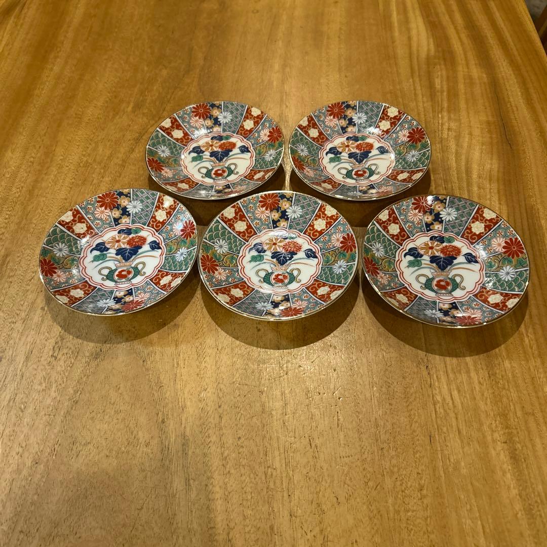 未使用品　有田焼　陶扇　小皿5枚揃え　銘々皿　錦絵　赤絵　金彩