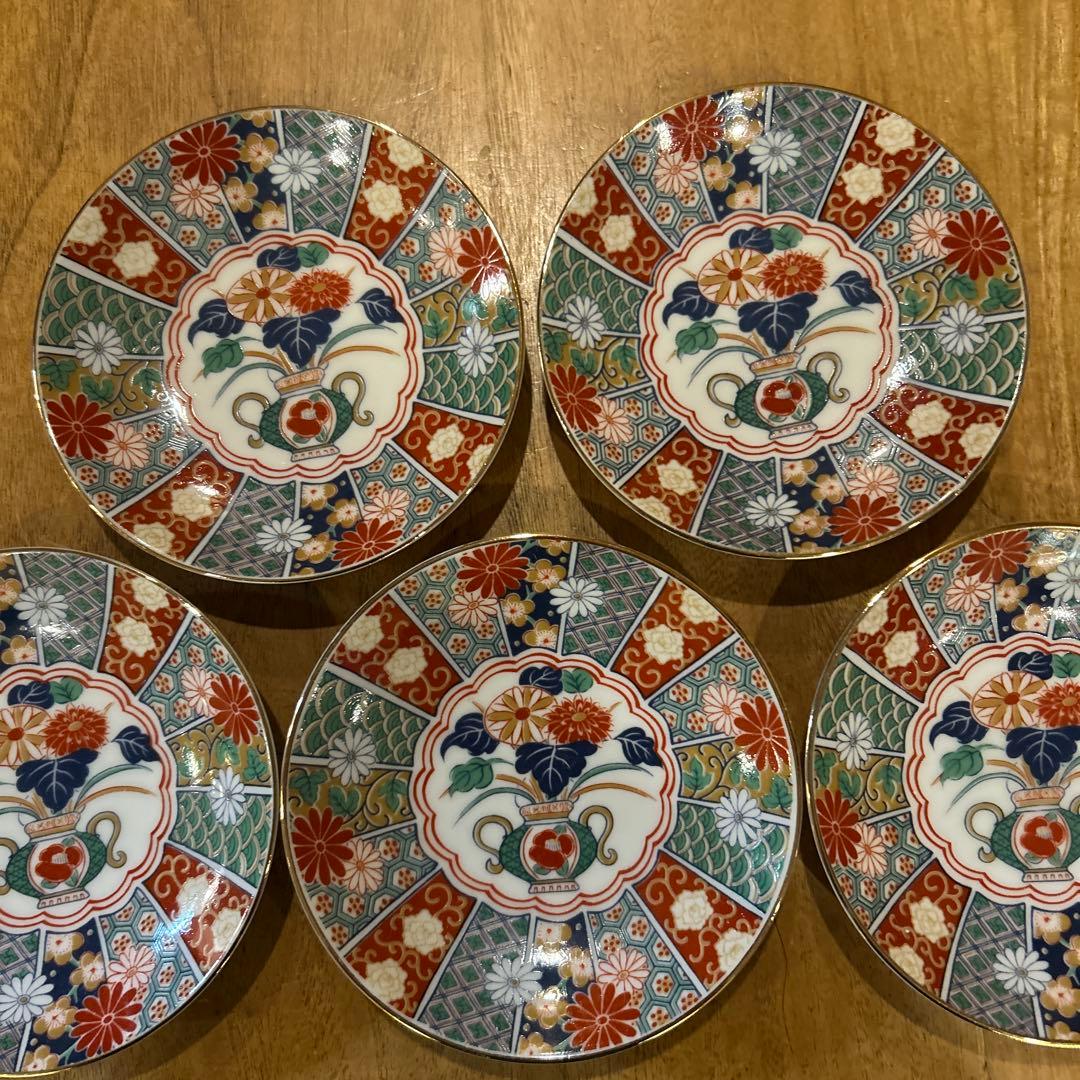 未使用品　有田焼　陶扇　小皿5枚揃え　銘々皿　錦絵　赤絵　金彩