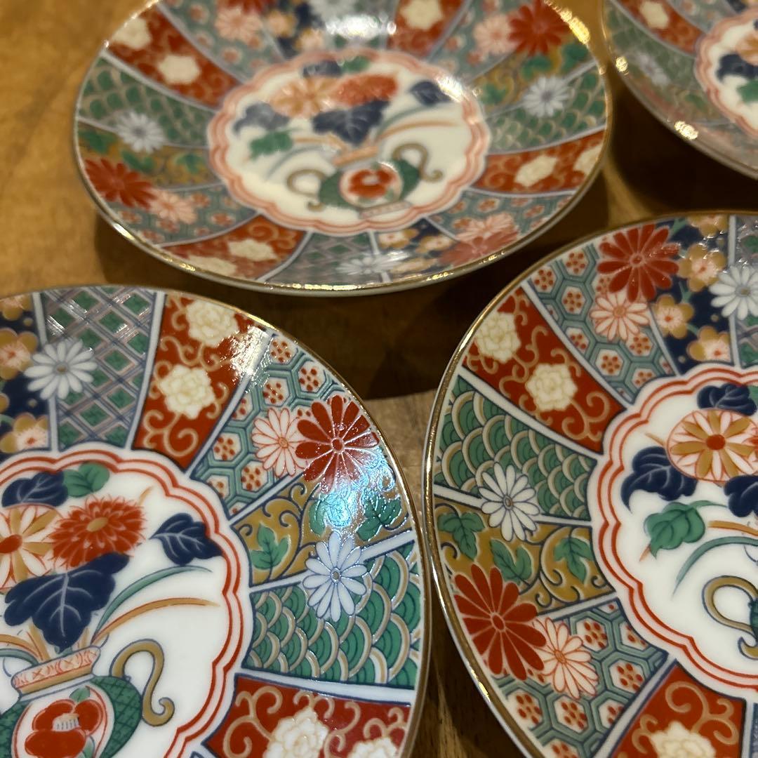 未使用品　有田焼　陶扇　小皿5枚揃え　銘々皿　錦絵　赤絵　金彩