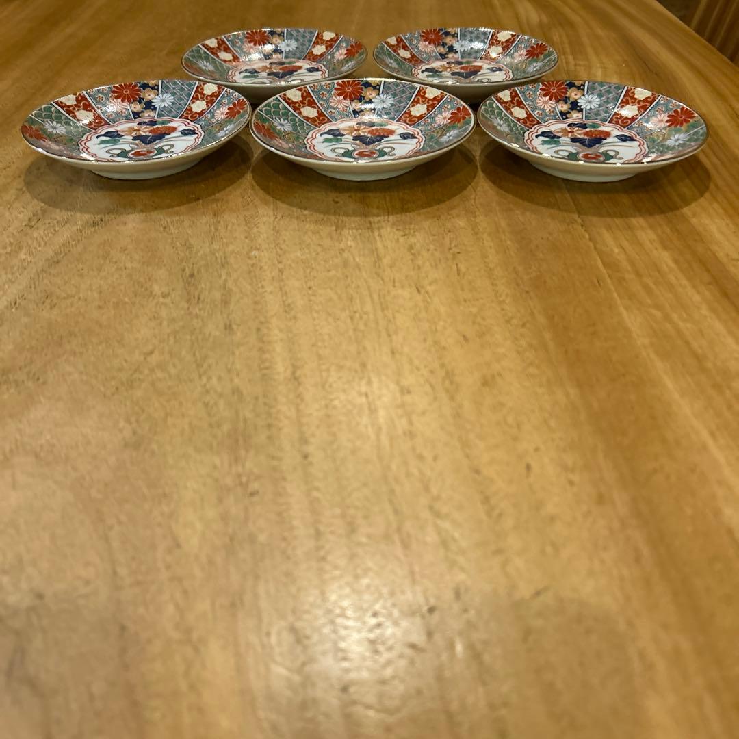 未使用品　有田焼　陶扇　小皿5枚揃え　銘々皿　錦絵　赤絵　金彩