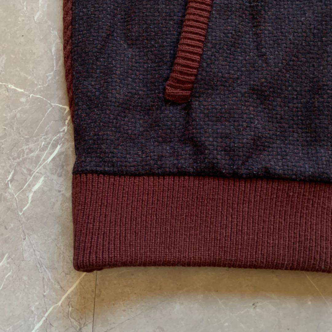 PAPAS + パパスプラス　ニットZIPブルゾン　袖ケーブル　エンジ　L