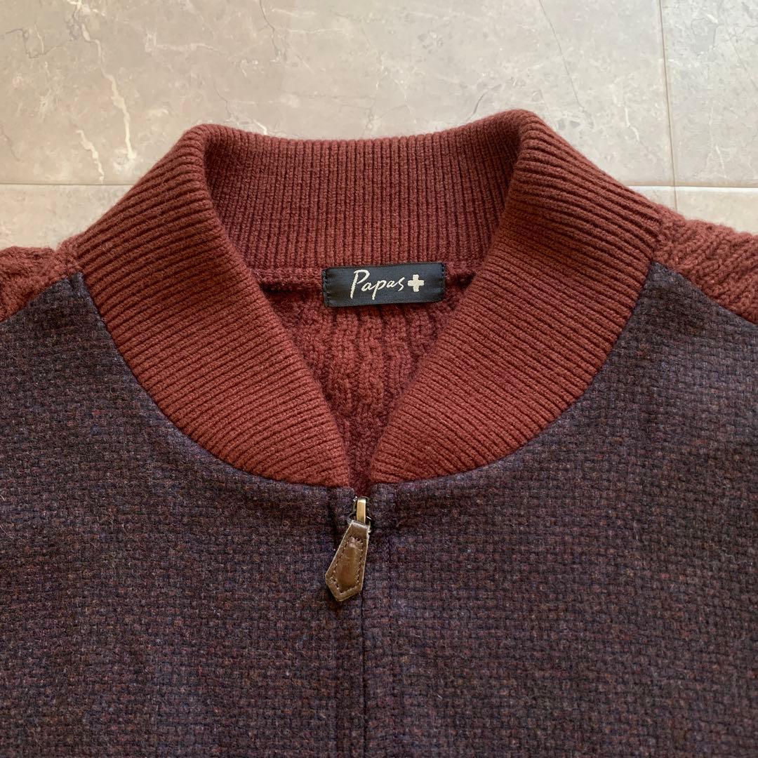 PAPAS + パパスプラス　ニットZIPブルゾン　袖ケーブル　エンジ　L