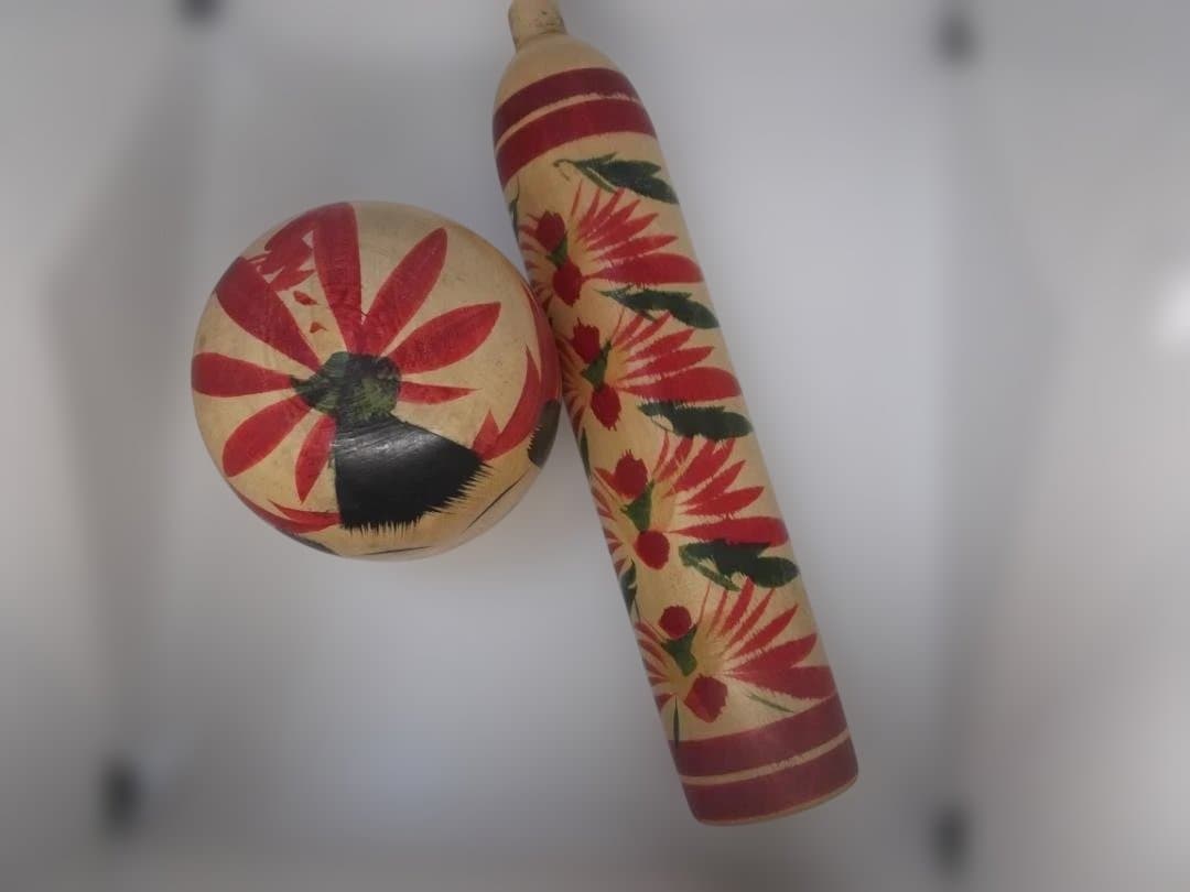 木製こけし 手描き花模様 鳴子系？