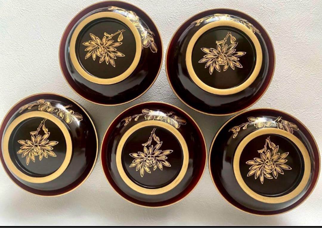 輪島塗 時代漆器 菓子椀 沈金 天然木 外黒内朱 金縁 蓋付 お椀 5客