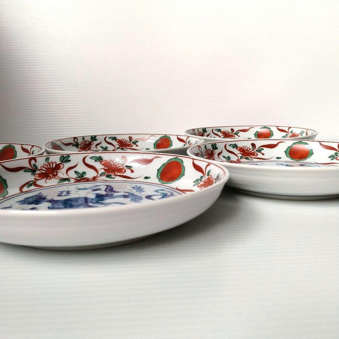 たち吉 橘吉 赤絵 草花丸紋 染付 獅子 古伊万里 中皿 和食器 深皿 5客揃