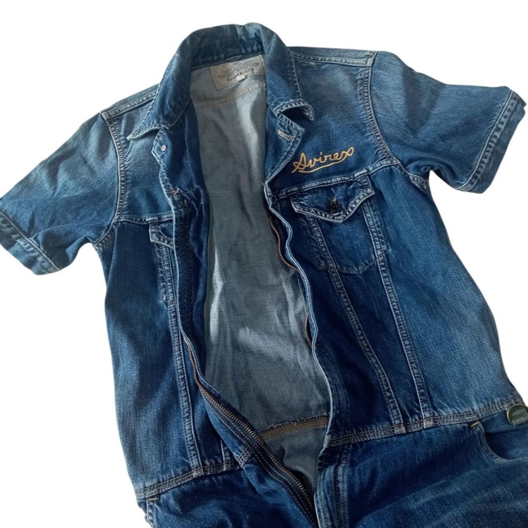 良品 AVIREX アヴィレックス 半袖 デニム オールインワン つなぎ M